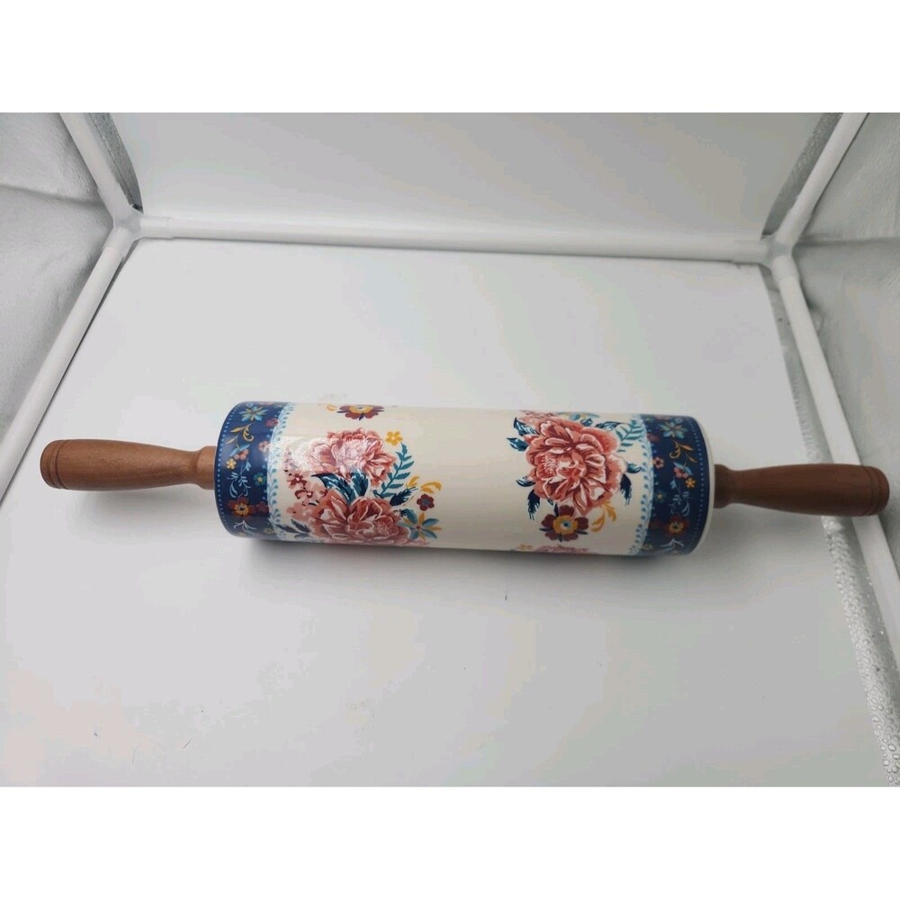 The Pioneer Woman Heritage Floral Ceramic Rolling Pin Acacia Wood Handles 18 In